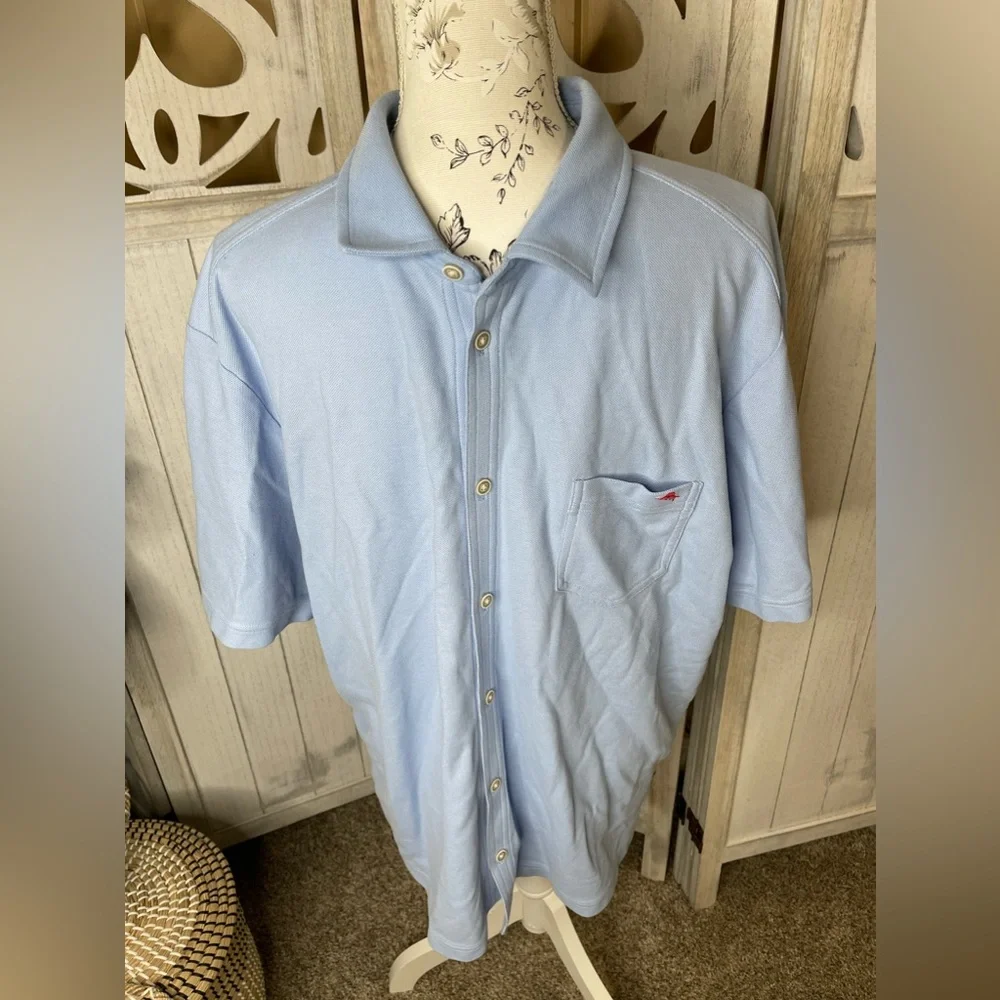 Tommy Bahama Polo Shirt FULL button baby blue short sleeve island zone XL